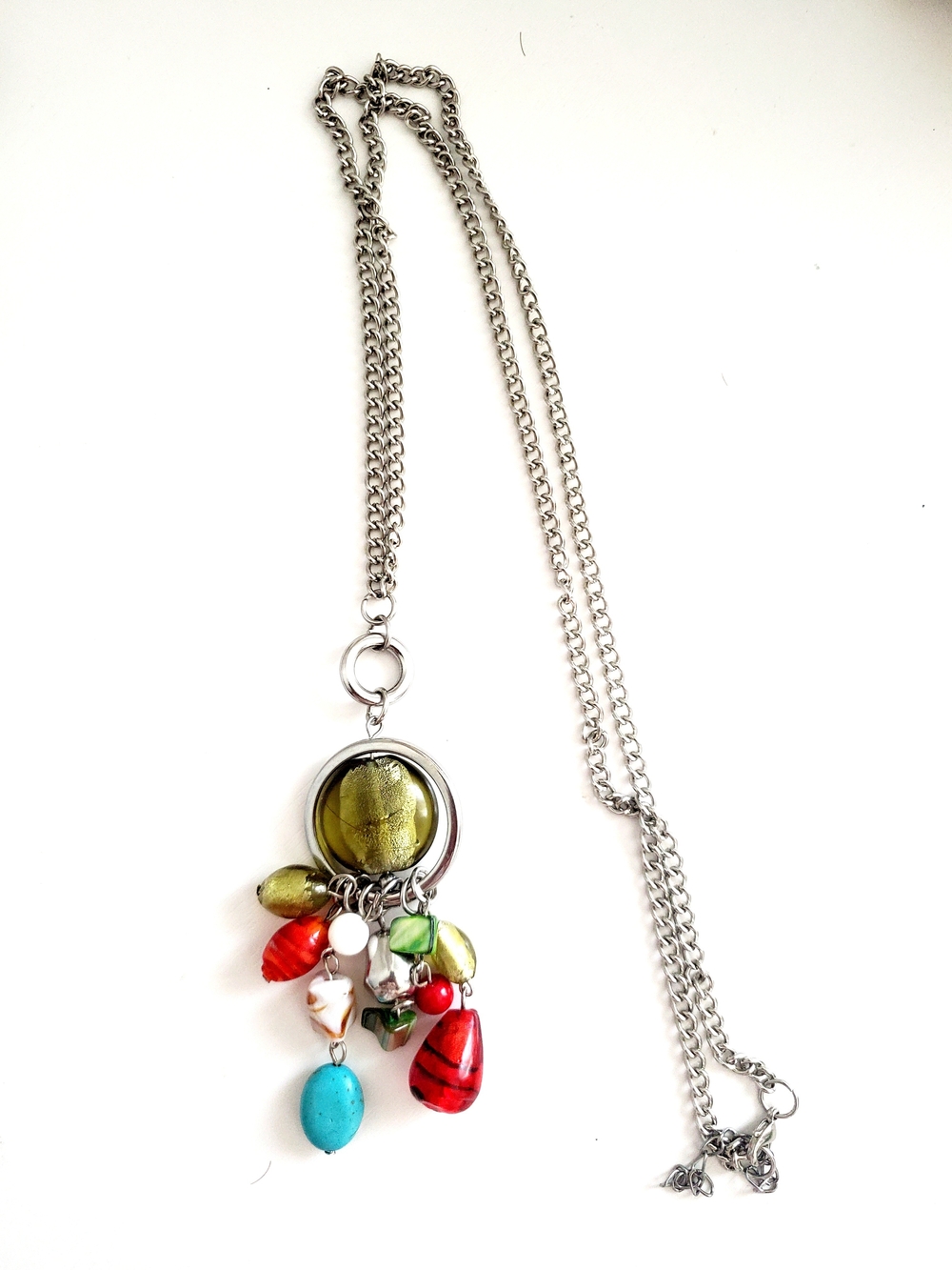 Long Multi-Bead Pendant Necklace in Green, Red & Turquoise